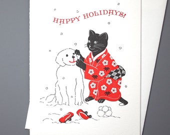 Gelukkige vakantie sneeuw hond & kat boekdruk kaart | Huisdier kerstkaart
