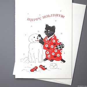 Frohe Feiertage Schnee Hund & Katze Letterpress Karte | Haustier Weihnachtskarte