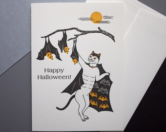 Halloween Prints | Halloween Letterpress Bat Cat Greeting Card | Halloween Card handmade | Halloween Decor | Halloween Wall Art