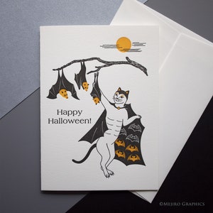 Wydruki na Halloween | Karta okolicznościowa z nadrukiem Halloween Letterpress Bat Cat | Ręcznie robiona karta na Halloween | Dekoracje na Halloween | Sztuka ścienna na Halloween