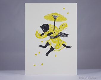 Letterpress Black Cat Card - Japanese Yelllow Umbrella Kimono Cat | Blank Folded Large Greeting Card