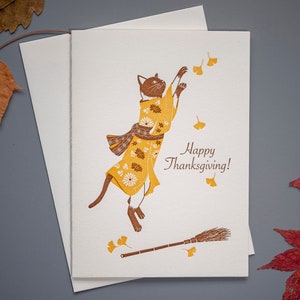 Cartão de Natal com estampa de gato siamês e folhas de ginkgo amarelo em estilo letterpress | Cartões de Ação de Graças feitos à mão