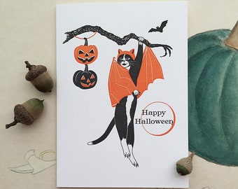 Halloween vleermuis kat boekdruk kaart | Halloween-kaarten handgemaakt