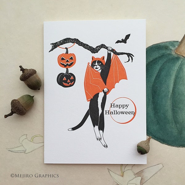 Tarjeta tipográfica de gato murciélago de Halloween / Tarjetas de Halloween hechas a mano