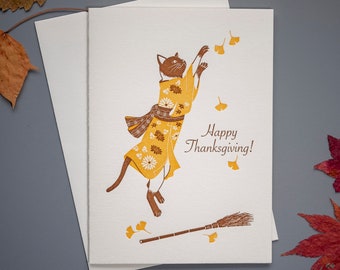 Thanksgiving Siamese kat en gele Ginkgo bladeren boekdruk kerstkaart | Thanksgiving-kaarten handgemaakt