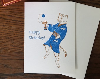 Cat Letterpress Birthday Card - Japanese Toy Kendama | Boyfriend Birthday | Handmade Birthday Card for Him