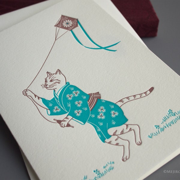 Flying Kite Cat Letterpress Greeting Card | Blank Note Cards for Cat Lovers