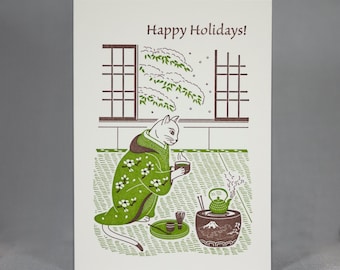 Japanese Matcha Tea Cat Letterpress Holiday Card | Cat Christmas Cards | Japanese Holiday Cards