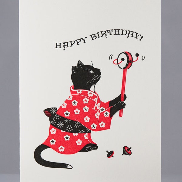 Black Cat Letterpress Birthday Card - Japanese Toy Drum | Happy Birthday Card with Cats for Her or Him | Birthday Card from Cat