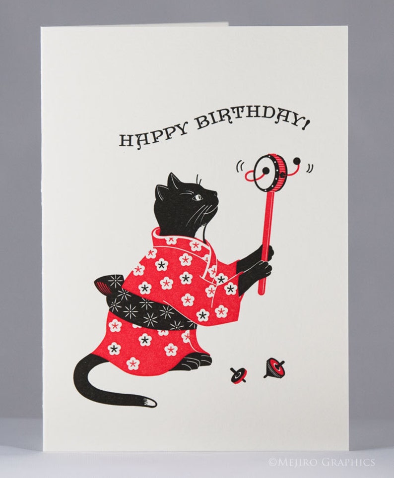 Black Cat Letterpress Birthday Card Japanese Toy Drum Happy Birthday Card with Cats for Her or Him Birthday Card from Cat image 1