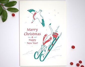 Christmas Snow Sled Cat Letterpress Holiday Card | Bird Cat Letterpress Christmas Cards