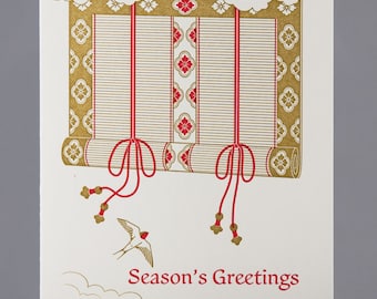 Season's Greetings Letterpress Card - Japanese Scroll and Swallow