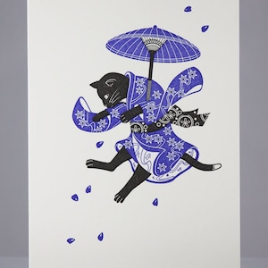 Schwarze Katze Letterpress Karte - Japanische Regenschirm Kimono Katze | Die Karte ist gefaltet