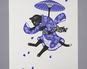 Black Cat Letterpress Card - Japanese Umbrella Kimono Cat | Blank Folded Large Greeting Card