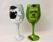 The Bride and Monster Inspired Hand Painted Wine Glass Set.