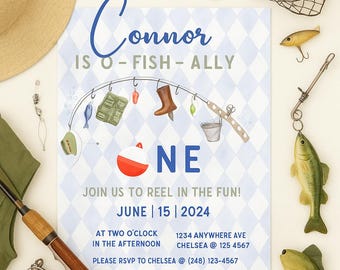 Fishing First Birthday Invitation: O-Fish-Ally One, Editable Digital Download