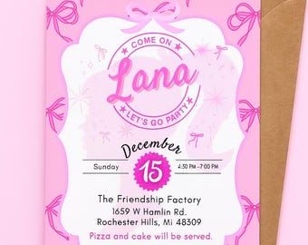 Hot Pink Doll Birthday Invitation: Pool Party Template (Digital Download, Printable 5x7")