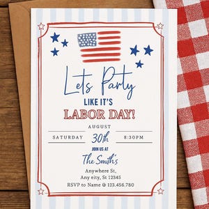 Könnte beinhalten: Einladung zur Labor Day-Party mit patriotischem Thema. Die Einladung zeigt eine amerikanische Flagge, blaue Sterne und den Text "Let's Party Like It's Labor Day!" mit Veranstaltungsdetails.
