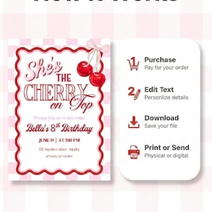 May include: A pink and white invitation card with the text "She's the Cherry on Top" and "Bella's 8th Birthday". Instructions include: Purchase, Edit Text, Download, and Print or Send.