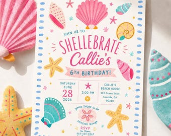 Coastal Birthday Invitation Template, Beach Seashell Party Invite (Digital Download)
