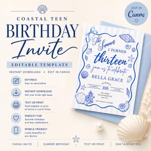 Puede incluir: Una plantilla de invitaci&oacute;n de cumplea&ntilde;os con tem&aacute;tica costera en azul y blanco. El dise&ntilde;o presenta conchas marinas, estrellas y el texto "Coastal Teen Birthday Invite". La invitaci&oacute;n es editable y de descarga instant&aacute;nea.