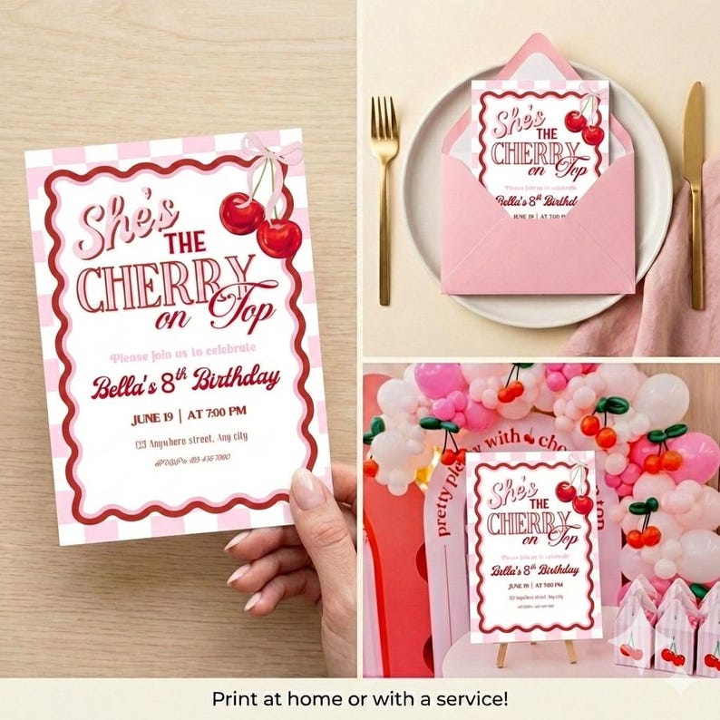 May include: A pink and white birthday invitation with the text "She's the Cherry on Top" and cherry illustrations. The invitation is for Bella's 8th birthday. The image also shows a pink envelope, a place setting, and a balloon arch.