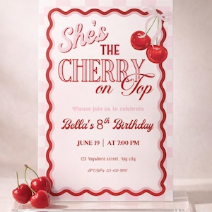 Cherry Birthday Invitation Template | Pink Gingham Coquette Cherry (Digital Download) image 1