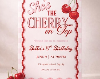 Plantilla de invitación de cumpleaños con diseño de cerezas / Diseño de cuadros vichy rosas (Descarga digital)