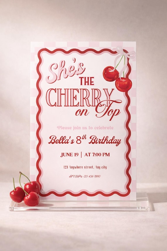 Cherry Birthday Invitation Template | Pink Gingham Coquette Cherry (Digital Download)