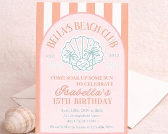 Editable Beach Club Birthday Invitation, Preppy Coastal Teen Pool Party (Digital Download)