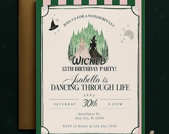 Wicked Witch Birthday Invitation: Pink & Green Bubble Design (Digital Download Canva Template)
