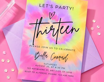 13th Birthday Invitation, Pastel Tie Dye Canva Template (Instant Download)