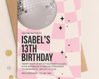 Disco Ball Birthday Invitation: Retro Pink Checkered Teen 13th Party (Digital Download)