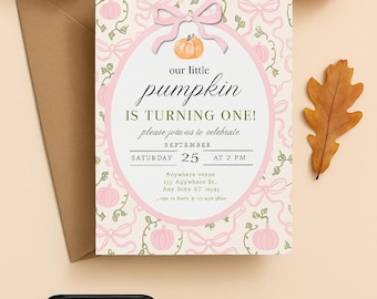 Pumpkin First Birthday Invitation | Our Little Pumpkin Is One | Fall Girl Party | Editable Template