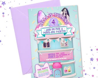 Editable Cat Birthday Invitation | Rainbow Dollhouse Party | Pastel Kitty Canva Template