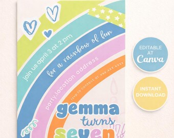 Retro Rainbow Birthday Invitation, Pastel Groovy Party Invite (5x7) (Digital Download)