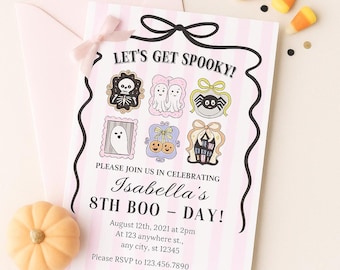 Pastel Halloween Birthday Invitation: Spooky Ghost Party, Pink Bow, Editable Template (Digital Download)