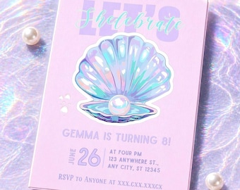 Editable Mermaid shellebrate Birthday Invitation | Pastel Under Sea Pearl Party (Digital Download)