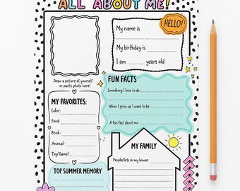 May include: A white fill-in-the-blank style sheet with the text "ALL ABOUT ME!" in colorful letters. The sheet includes sections for personal details, favorites, fun facts, and family information. A pencil rests on the right side.