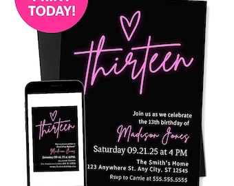 Neon 13th Birthday Invitation: Teen Girl Party, Editable Template (Digital Download