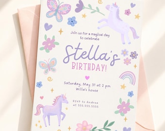 Unicorn Birthday Invitation Girl, Editable Canva Template, Printable Pink Party Invite, Instant Download