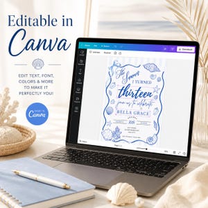 Puede incluir: Una computadora port&aacute;til muestra un dise&ntilde;o de invitaci&oacute;n azul y blanco con ilustraciones de conchas marinas. El texto dice "The Summer I Turned Thirteen" y "Join us to celebrate Bella Grace." La pantalla tambi&eacute;n muestra "Editable in Canva" y "Made in Canva."
