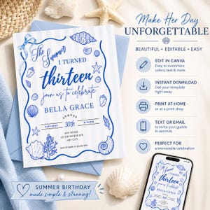 Puede incluir: Una invitaci&oacute;n azul y blanca con ilustraciones de conchas marinas y estrellas de mar. El texto dice "The Summer I turned thirteen join us to celebrate Bella Grace". Tambi&eacute;n incluye detalles del evento y "Summer birthday made simple & stunning!"
