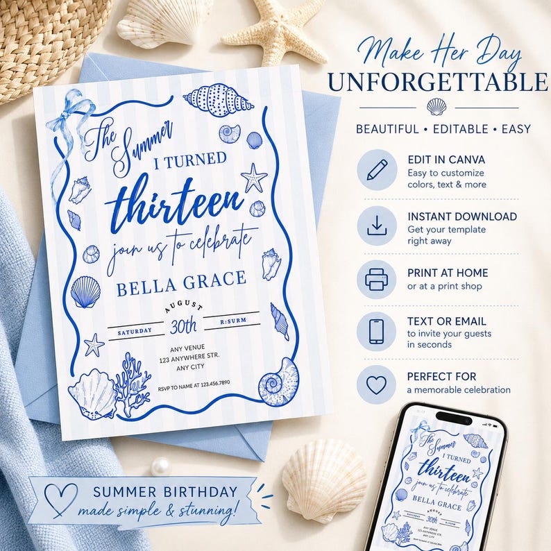 Puede incluir: Una invitaci&oacute;n azul y blanca con ilustraciones de conchas marinas y estrellas de mar. El texto dice "The Summer I turned thirteen join us to celebrate Bella Grace". Tambi&eacute;n incluye detalles del evento y "Summer birthday made simple & stunning!"