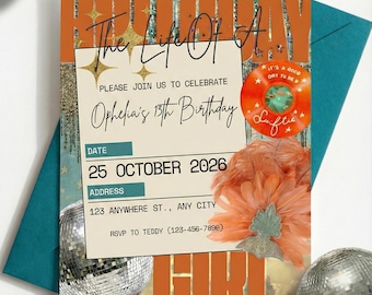 Retro Showgirl Birthday Invitation, 70s Disco Theme (Digital Download)