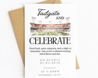 May include: White invitation card with the words "Tailgate and Celebrate" in black script and block letters. The card features a watercolor illustration of a stadium. A brown envelope is behind the card.