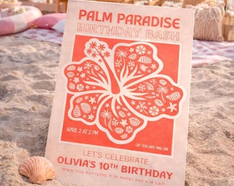 Palm Paradise Birthday Invitation, Tropical Hibiscus Beach Bash (Digital Download)