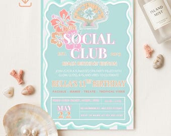 Coastal Spa Birthday Invitation Template, Editable Canva Beach Party Invite for Girls