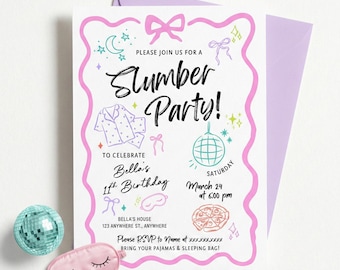 Pastel Doodle Slumber Party Invitation, Tween Birthday, Editable Template (Digital Download)