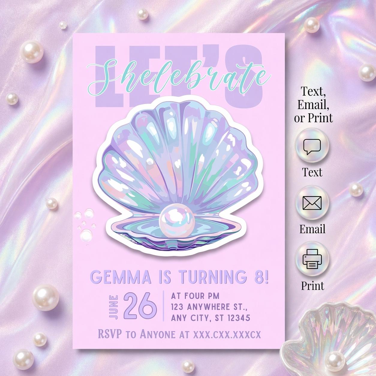Shellabrate Spring Editable Mermaid Shellebrate Birthday Invitation | Pastel Under Sea ...